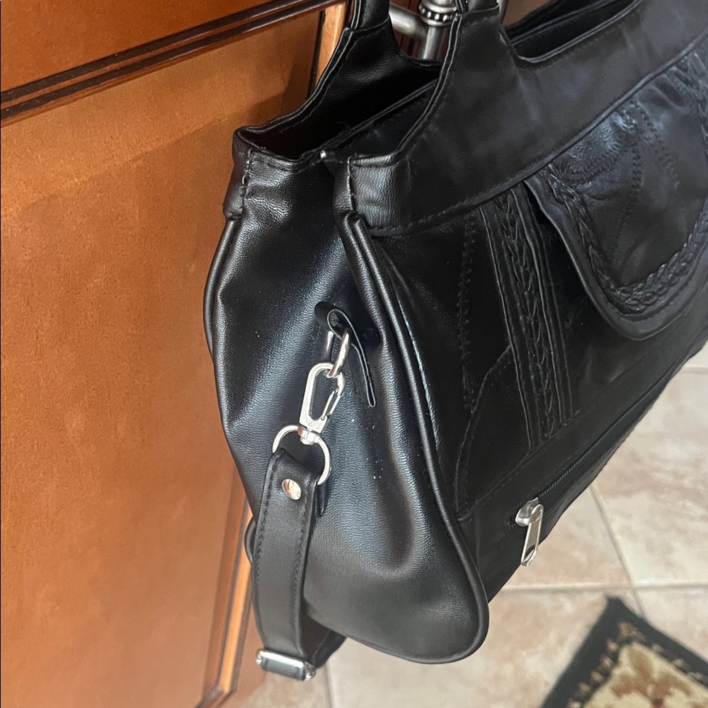 Elegant Black Braided & Patchwork Pleather Should… - image 3